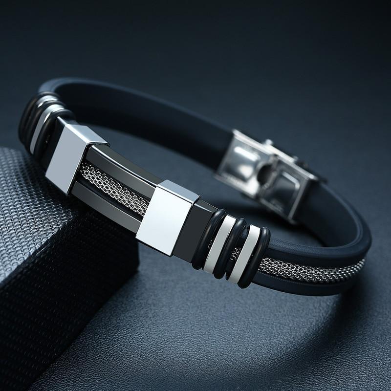 Stainless Steel Bracelet Men Wrist Band Black Grooved Rudder Silicone Mesh Link Insert Punk Wristband Stylish Casual Bangle Cool Gift - SJB-DIAMOND ELITES