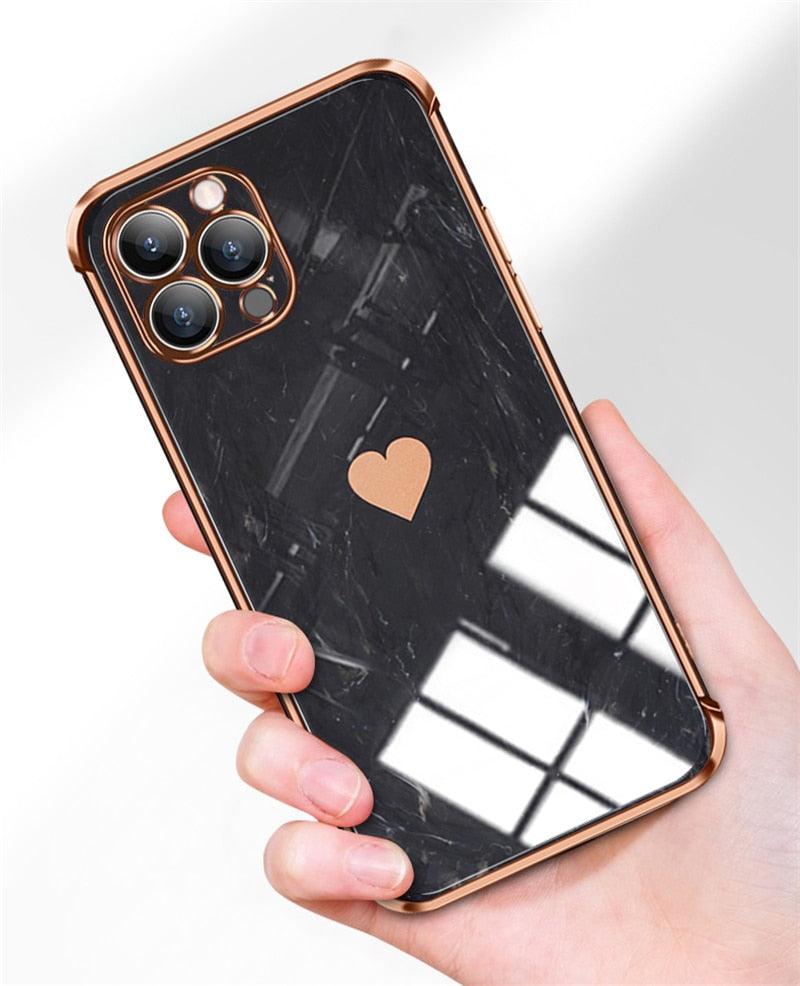 Luxury Shockproof Soft Case For iPhone 13 12 11 Pro Max XS XR X R 8 7 Plus iPhone12 12Pro iPhone11 Marble Texture Covers  Luxury Love Phone Case Cute Side Small Heart Pattern Soft Shockproof Full Lens Case for iPhone Stevvex