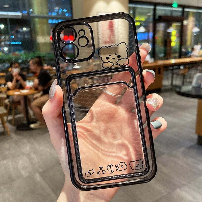 Ultra-light Transparent Photo Card Pocket Wallet Case For iPhone 13 11 12 14 Pro Max XS XR X 8 7 6S Plus Plating Cute Bear Rabbit Soft Phone Cover Cute Case with Card Holder Soft Cover Stevvex