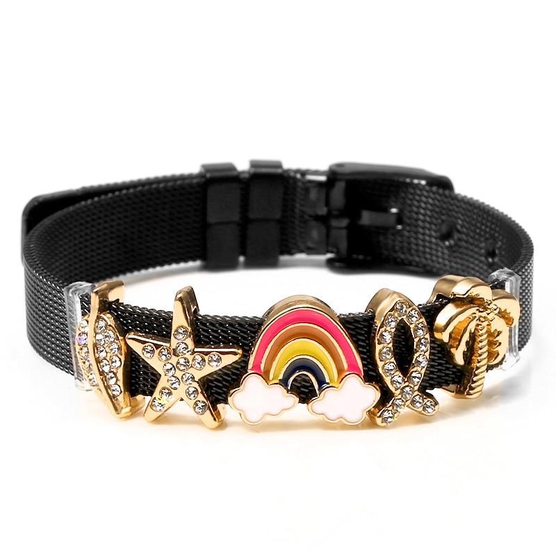 Two-tone Stainless Steel  Bracelets For Women Men Golden Love Heart Beaded  Ribbon  Bracelet & Bangle Gifts - SJB-DIAMOND ELITES