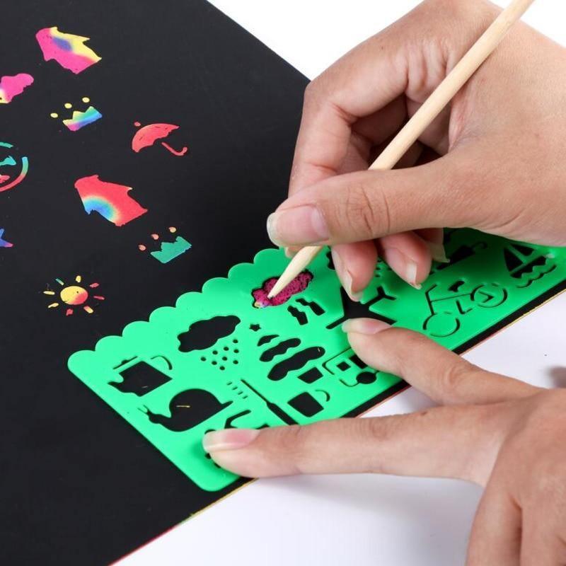 Magic Rainbow Color Scratch Art Paper Card Set With Graffiti Stencil Drawing Board Stick Art Painting Educational Toys - SJB-DIAMOND ELITES