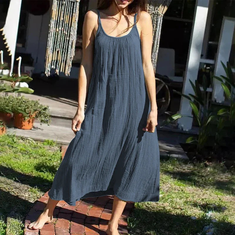 Casual 100% Cotton Summer Women's Long Dress Loose Solid Sleeveless Backless Streetwear Elegant  Female Dress Vestidos Robe Lootquake LLC