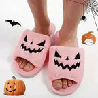 Halloween Pumpkin Fuzzy Slippers Soft Plush Cozy Open Toe Women Slides