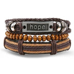 Vintage Black Bead Bracelets For Men Fashion Hollow Triangle Leather Bracelet & Bangles Multilayer Wide Wrap Jewelry For Men and Women