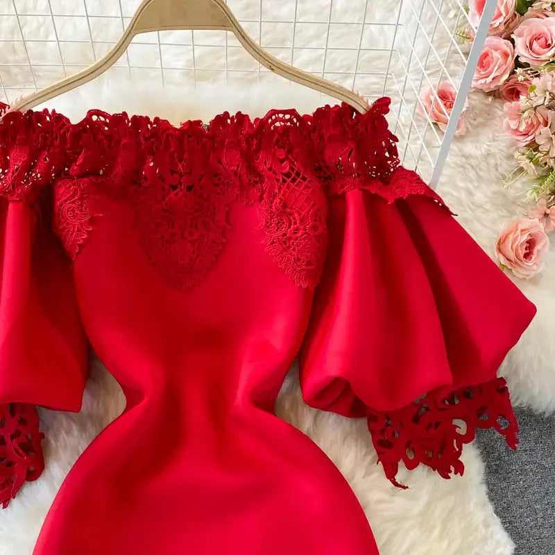 Sexy Hollow Out Lace Bodycon Long Dress Women Elegant Red/Pink/White Off Shoulder Patchwork Maxi Party Vestidos 2021 Autumn New