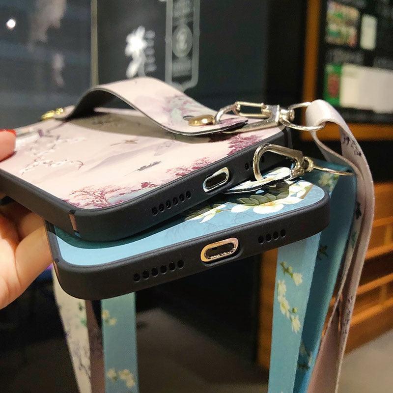 Ultra Luxury Case Cute Flower Design with Ring Kickstand Soft Crossbody Phone Cover for iPhone 13 14 Pro Max Case Fashion Crossbody Shoulder Strap Flower Leaf Phone Holder Cover for iPhone 12 11 X XR XS 7 8 Plus Stevvex