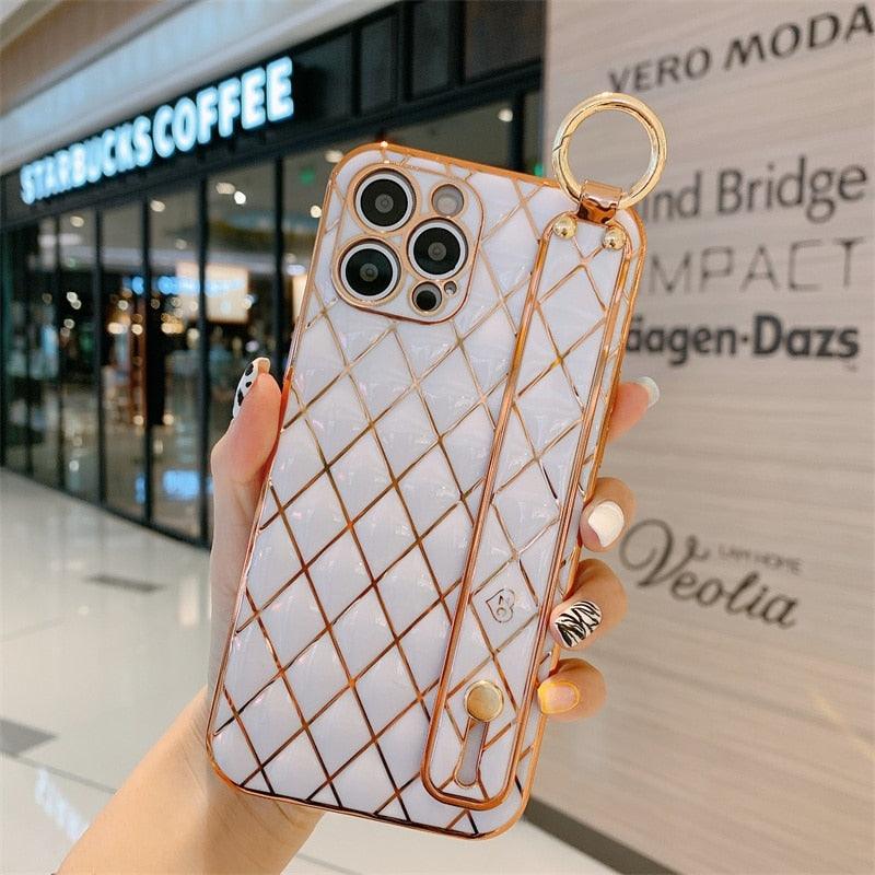 Luxury Blue Pink Gold Color Plating Soft Case Cell Phone Case For iPhone 11 12 13 Pro Max XS Max XR X 8 7 Plus Luxury Wrist Strap Plating Frame Geometric Soft Covers Bumper Iphone Case Stevvex