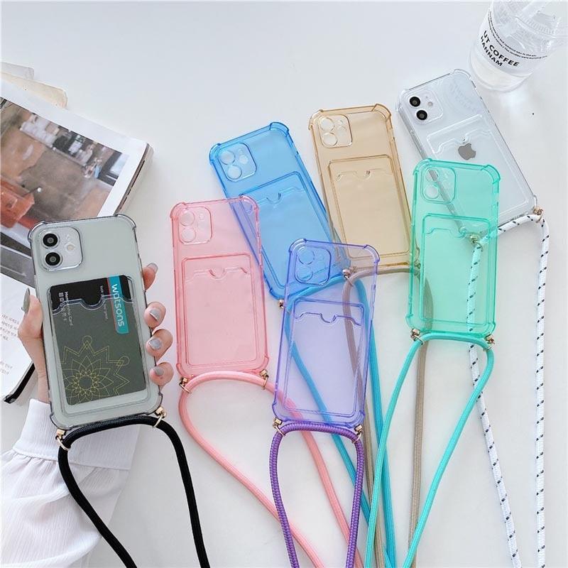 Transparent Wallet Case for iPhone 13 12 11 Pro Xs Max Shockproof Card Crossbody Lanyard Rope Strap Cover Transparent Soft Case Necklace Phone Cover Colorful Case & Adjustable Strap Stevvex