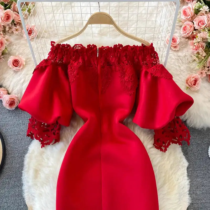 Sexy Hollow Out Lace Bodycon Long Dress Women Elegant Red/Pink/White Off Shoulder Patchwork Maxi Party Vestidos 2021 Autumn New