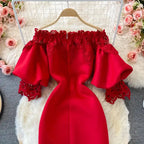 Sexy Hollow Out Lace Bodycon Long Dress Women Elegant Red/Pink/White Off Shoulder Patchwork Maxi Party Vestidos 2021 Autumn New