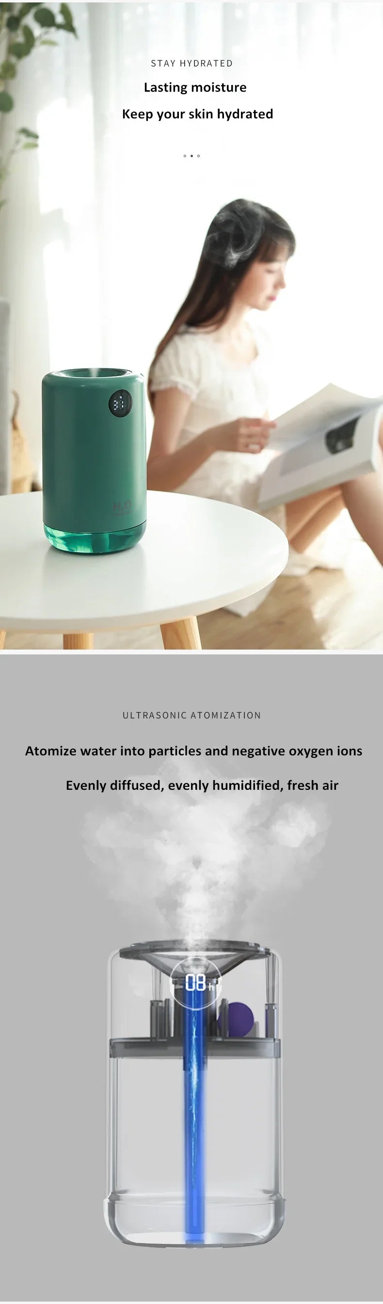 Home Table Wireless Ultrasonic Air Humidifier, Portable Mini Aroma Water Mist Diffuser, Battery Life Show, 500ml, 2000mAh Lootquake LLC