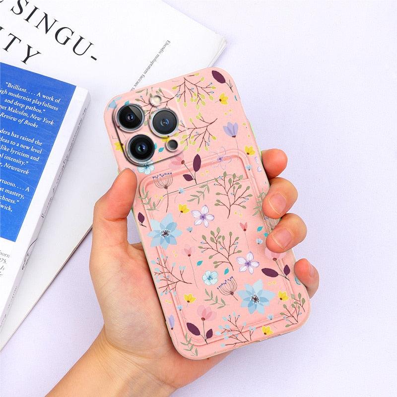 Charming Silicone Soft Anti-Scratch Cases For iPhone 13 Pro Max Case Silicone Wallet Card Holder Cover For iPhone 13 Mini 13ProMax 13Pro Flower Butterfly Beautiful Design Card Holder iPhone Case Stevvex