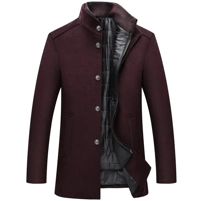 Woolen Coat Men Winter Windbreaker Long Thick Wool Jackets abrigo hombre Man Stand Collar Single Breasted With Vest Woolen Coats