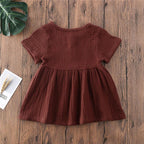 Kids Summer Cotton Linen Dress with Plain Short sleeve  Party A-line dress For Small Girls 1-3 Years