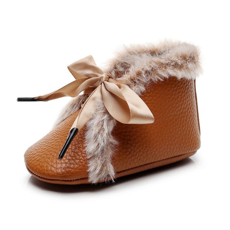 Baby PU Boots Winter Anti-slip Warm First Walkers Soft Soled Booties Toddler Bowknot Lace-up Shoes Stevvex