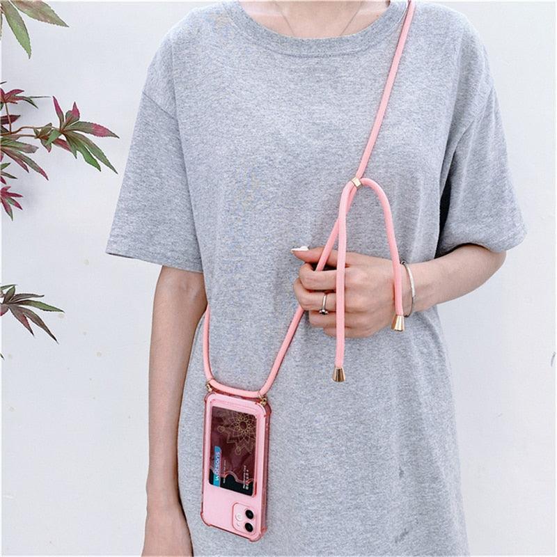 Transparent Wallet Case for iPhone 13 12 11 Pro Xs Max Shockproof Card Crossbody Lanyard Rope Strap Cover Transparent Soft Case Necklace Phone Cover Colorful Case & Adjustable Strap Stevvex