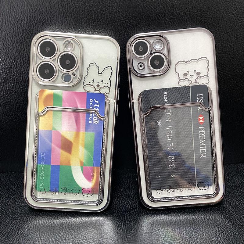 Ultra-light Transparent Photo Card Pocket Wallet Case For iPhone 13 11 12 14 Pro Max XS XR X 8 7 6S Plus Plating Cute Bear Rabbit Soft Phone Cover Cute Case with Card Holder Soft Cover Stevvex