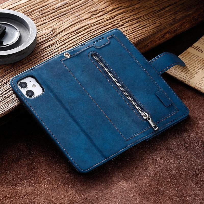 Business Blue New Cards Flip Leather Case For iPhone 14 13 12 11 Pro Max 10 X 6 6s 7 8 Plus XR XS Max Multifunctional Wallet Phone Case  Multi-Card Wallet Leather iphone Case Stevvex