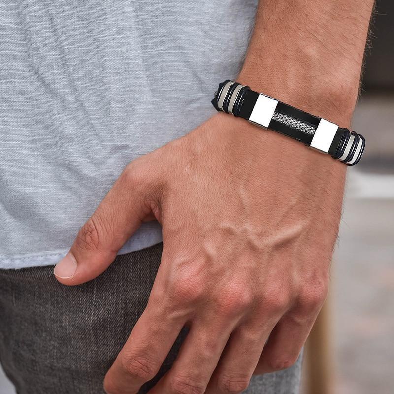 Stainless Steel Bracelet Men Wrist Band Black Grooved Rudder Silicone Mesh Link Insert Punk Wristband Stylish Casual Bangle Cool Gift - SJB-DIAMOND ELITES