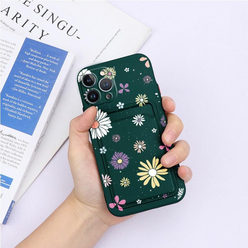 Charming Silicone Soft Anti-Scratch Cases For iPhone 13 Pro Max Case Silicone Wallet Card Holder Cover For iPhone 13 Mini 13ProMax 13Pro Flower Butterfly Beautiful Design Card Holder iPhone Case Stevvex