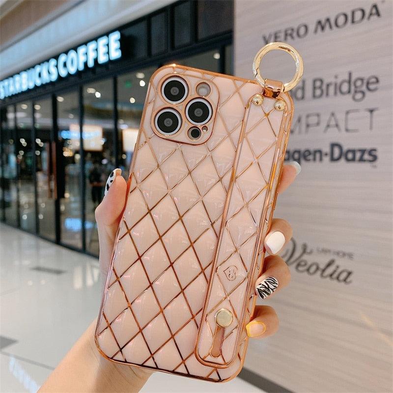 Luxury Blue Pink Gold Color Plating Soft Case Cell Phone Case For iPhone 11 12 13 Pro Max XS Max XR X 8 7 Plus Luxury Wrist Strap Plating Frame Geometric Soft Covers Bumper Iphone Case Stevvex