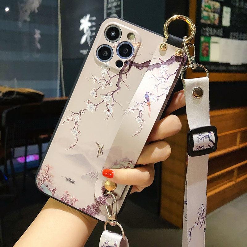 Ultra Luxury Case Cute Flower Design with Ring Kickstand Soft Crossbody Phone Cover for iPhone 13 14 Pro Max Case Fashion Crossbody Shoulder Strap Flower Leaf Phone Holder Cover for iPhone 12 11 X XR XS 7 8 Plus Stevvex