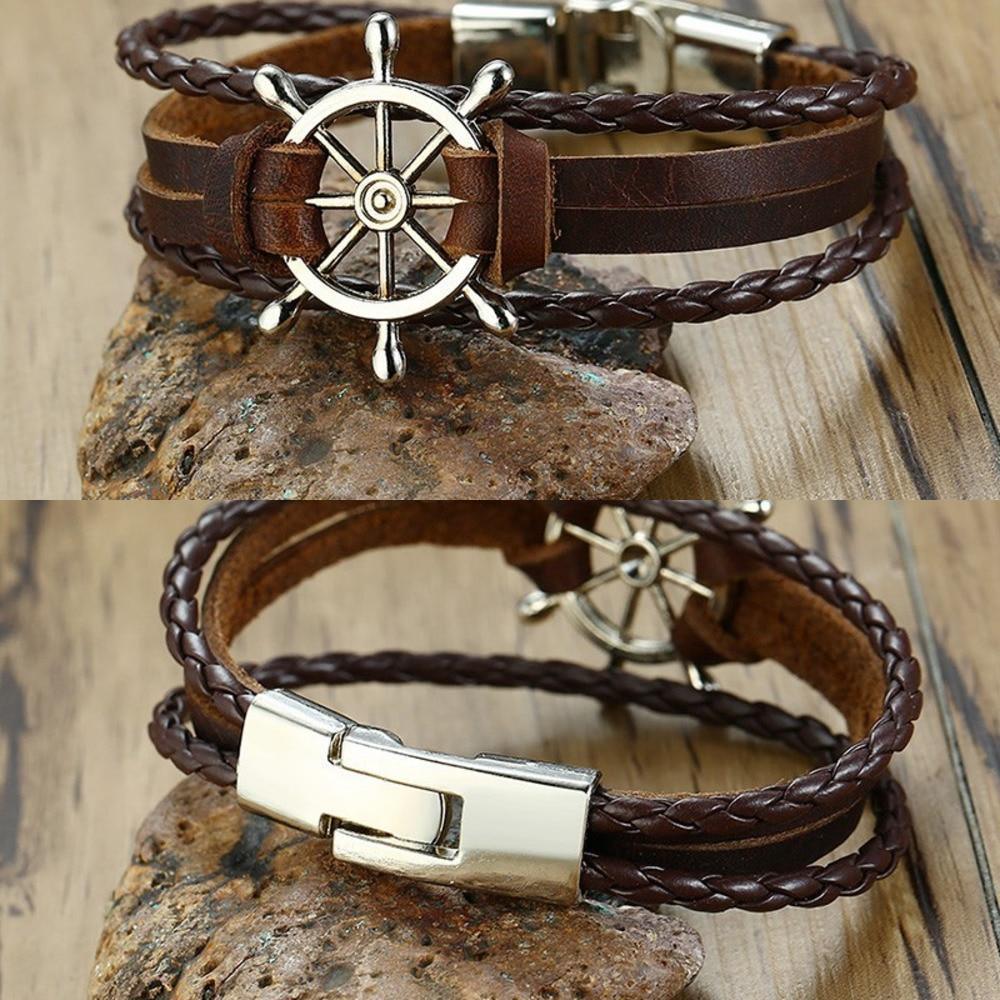 Handmade Sailor Anchor Ship Bracelet In Vintage Retro Rudder Charm Bracelet for Men Made from leather and Stainless Steel for Man - SJB-DIAMOND ELITES