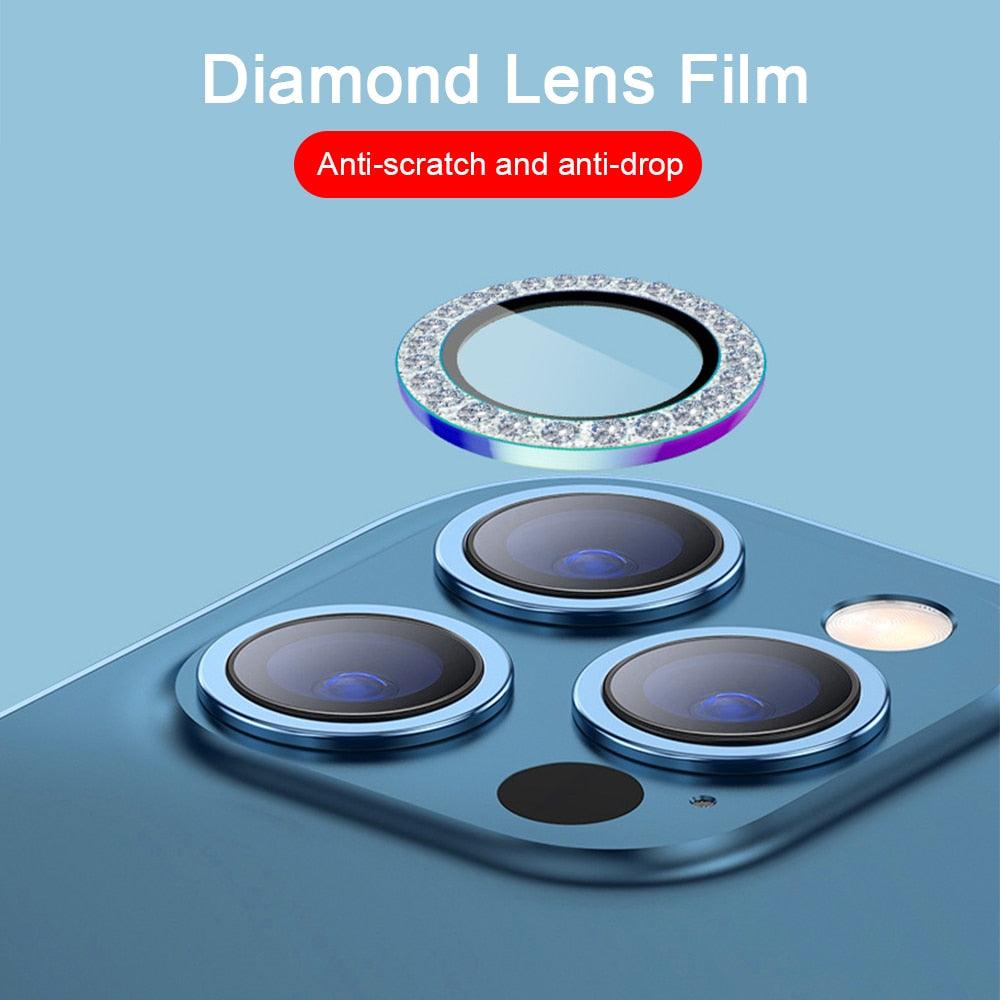 2023 New Diamond Bling Metal Ring Glass Protective Cap For iPhone 14 13 12 11 Pro Max Mini Camera Lens Circle Protector Paste Tempered Glass Camera Cover Camera Lens Protector Stevvex