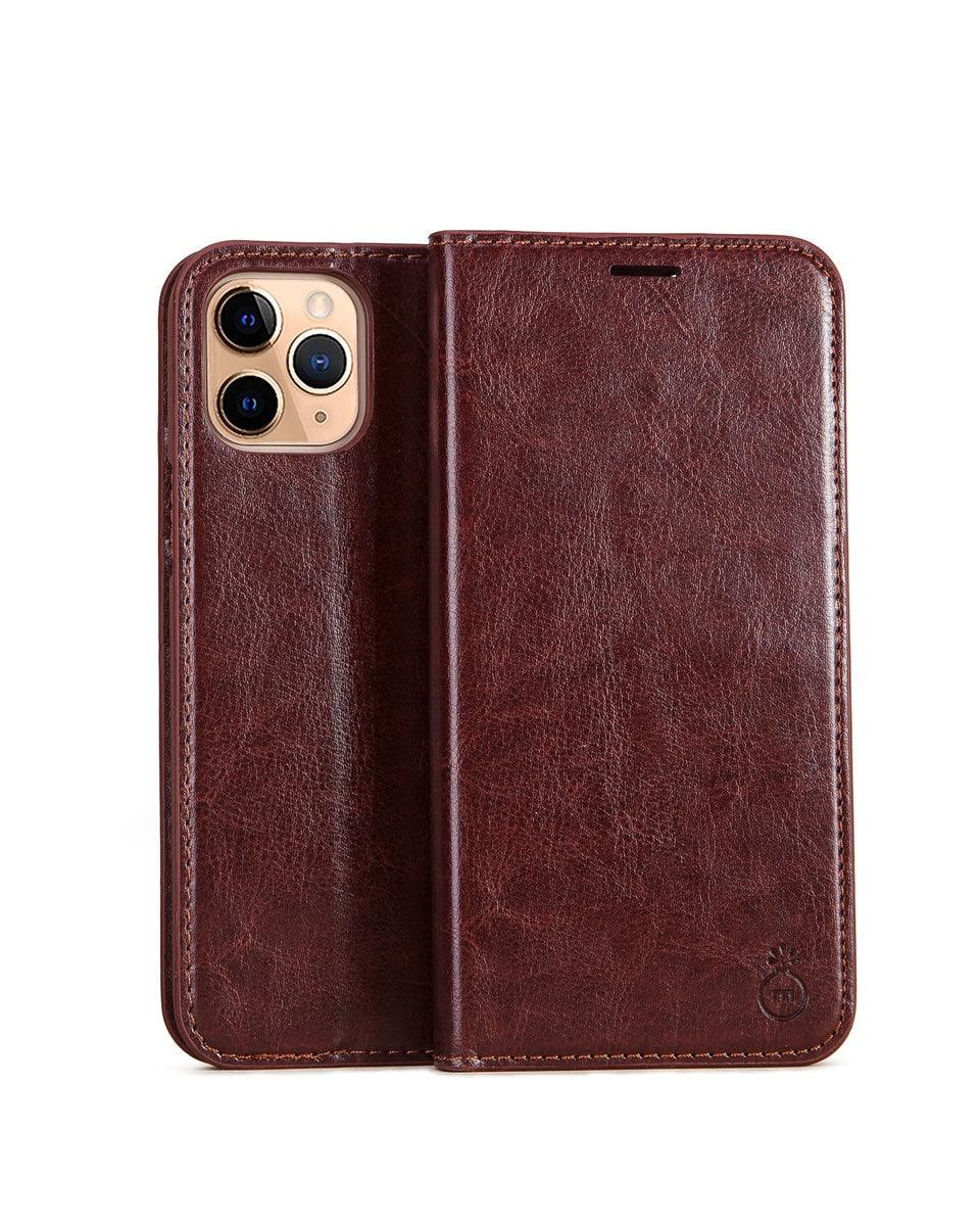 Brown Genuine Leather Flip Case For iPhone Luxury Wallet Card Cover For iPhone 14 13 Leather iPhone Case Kickstand Card Holder Flip Leather Wallet Phone Case Stevvex