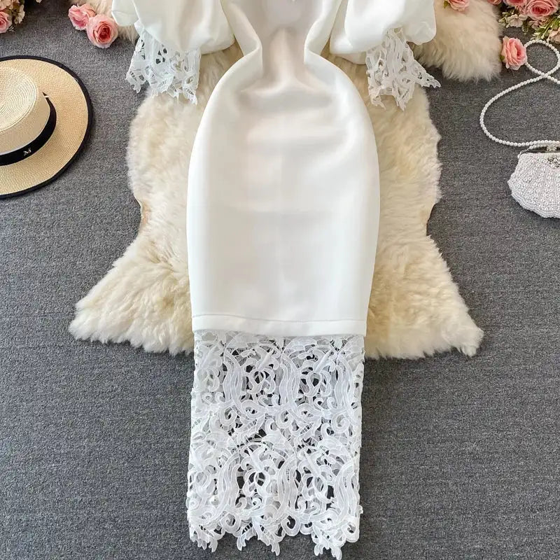 Sexy Hollow Out Lace Bodycon Long Dress Women Elegant Red/Pink/White Off Shoulder Patchwork Maxi Party Vestidos 2021 Autumn New