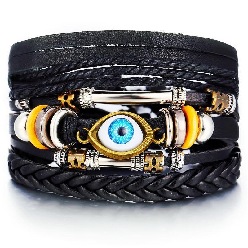 BOHO Tibet Stone Feather Multilayer Leather Bracelet Eye Fish Charms Beads Bracelets For Men Vintage Punk Wrap Wristband Cool Jewelry - SJB-DIAMOND ELITES