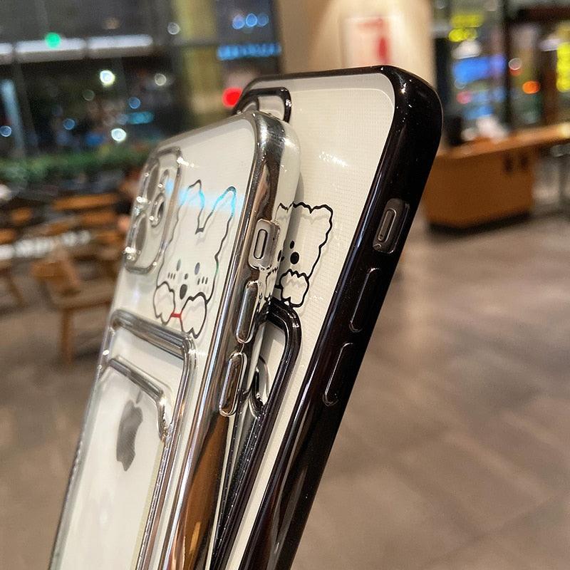 Ultra-light Transparent Photo Card Pocket Wallet Case For iPhone 13 11 12 14 Pro Max XS XR X 8 7 6S Plus Plating Cute Bear Rabbit Soft Phone Cover Cute Case with Card Holder Soft Cover Stevvex