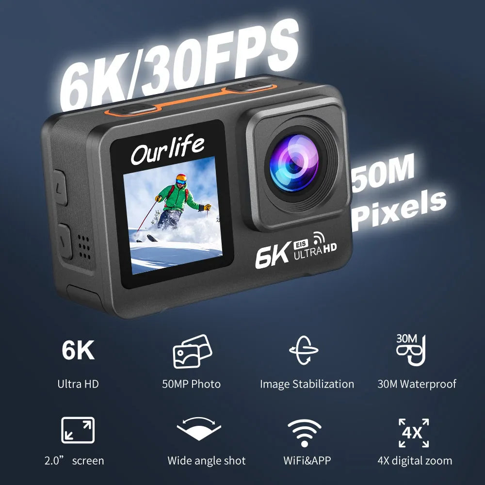 Professional Ourlife 6K 30fps 1080P 120fps sports action camera with EIS and waterproof 30 meters Lootquake LLC