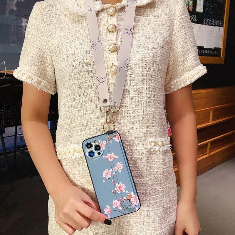 Ultra Luxury Case Cute Flower Design with Ring Kickstand Soft Crossbody Phone Cover for iPhone 13 14 Pro Max Case Fashion Crossbody Shoulder Strap Flower Leaf Phone Holder Cover for iPhone 12 11 X XR XS 7 8 Plus Stevvex