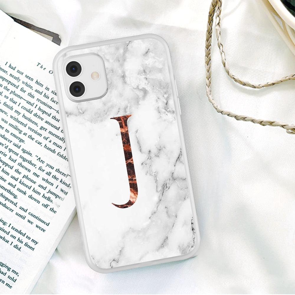 White A-Z Marble Texture Phone Cover For Iphone 12 Mini Soft Silicone Back Case Solid Name Phone Case Luxury Screen Camera Protection Shockproof Soft Cover Stevvex