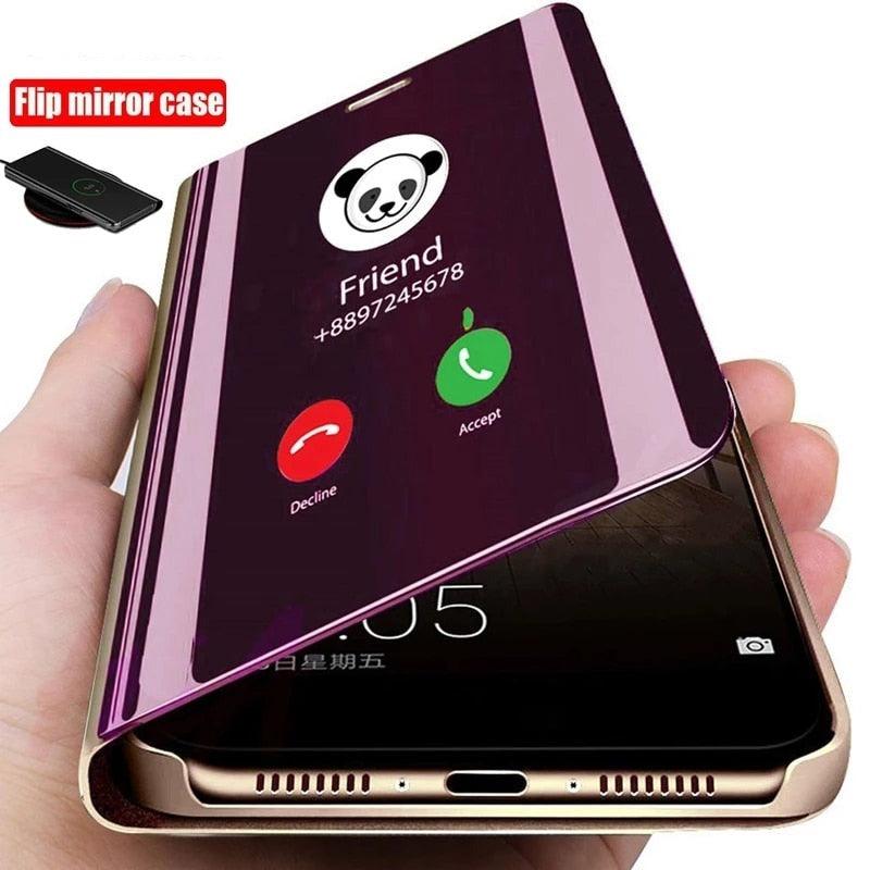 Smart Flip Phone Case For iPhone X XR XS 5 5S SE 7 8 6 6S Plus 11 12 13 Mini Pro Max 2020 Mirror Window Standing Holder Cover  Mirror Screen Smart Plating Case 360 Full Body Ultra Thin Intelligent Protective Case Stevvex