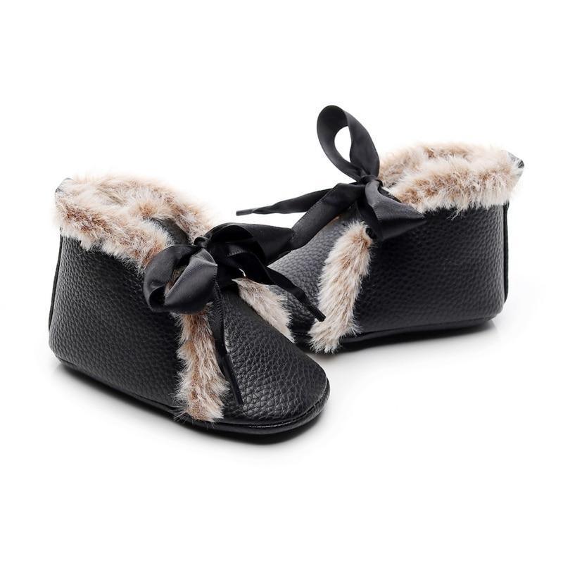 Baby PU Boots Winter Anti-slip Warm First Walkers Soft Soled Booties Toddler Bowknot Lace-up Shoes Stevvex