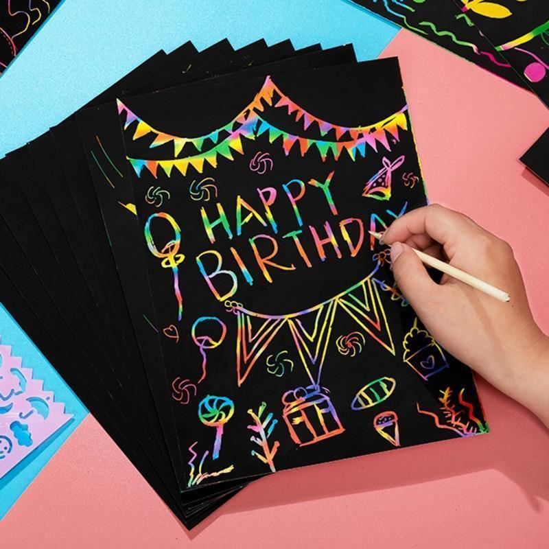 Magic Rainbow Color Scratch Art Paper Card Set With Graffiti Stencil Drawing Board Stick Art Painting Educational Toys - SJB-DIAMOND ELITES