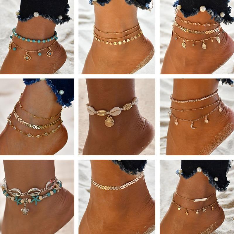 Gold Metal Shell Coconut Tree Female Anklets Barefoot Sandals Foot Summer Double Layers  Foot  Bracelets Leg Jewelry - SJB-DIAMOND ELITES