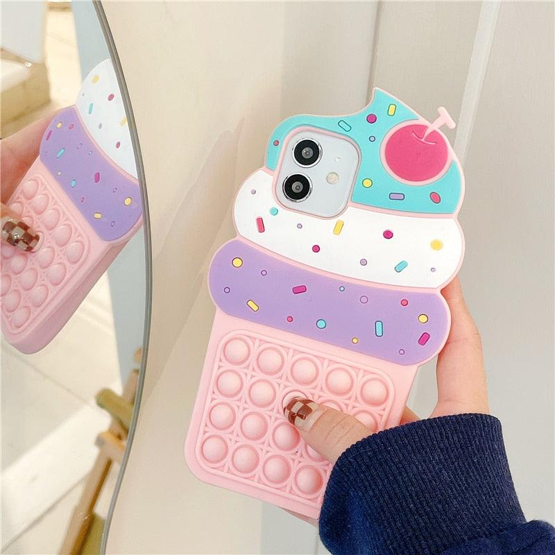 3D Delicious Cherry Ice Cream Silicone Phone Case For iphone 13 12 11 Pro Max Xs Xr 7 8 Plus X Se finger bubble game soft cover 3D Cartoon Cupcake Shape Soft Silicone Full Protection Shockproof Case Stevvex