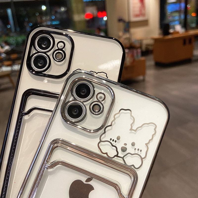 Ultra-light Transparent Photo Card Pocket Wallet Case For iPhone 13 11 12 14 Pro Max XS XR X 8 7 6S Plus Plating Cute Bear Rabbit Soft Phone Cover Cute Case with Card Holder Soft Cover Stevvex