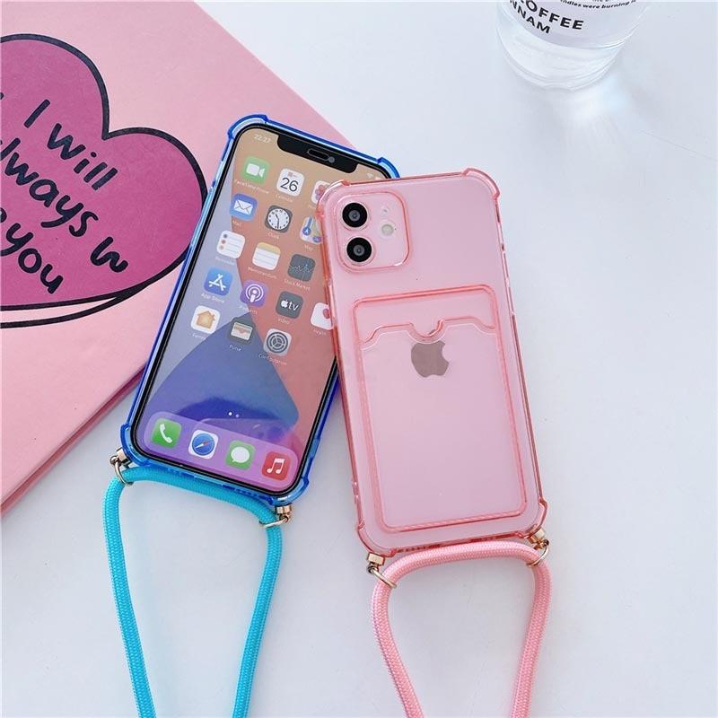 Transparent Wallet Case for iPhone 13 12 11 Pro Xs Max Shockproof Card Crossbody Lanyard Rope Strap Cover Transparent Soft Case Necklace Phone Cover Colorful Case & Adjustable Strap Stevvex