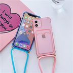 Transparent Wallet Case for iPhone 13 12 11 Pro Xs Max Shockproof Card Crossbody Lanyard Rope Strap Cover Transparent Soft Case Necklace Phone Cover Colorful Case & Adjustable Strap Stevvex