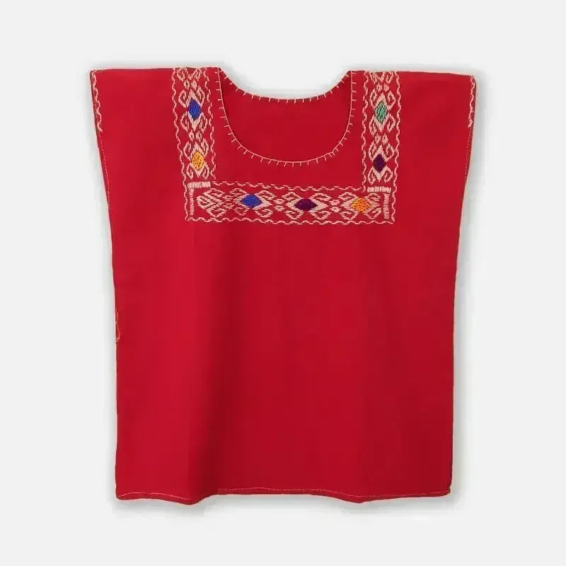 Red Blouse Huipil with Colorful Hand Stitched on - SJB-DIAMOND ELITES