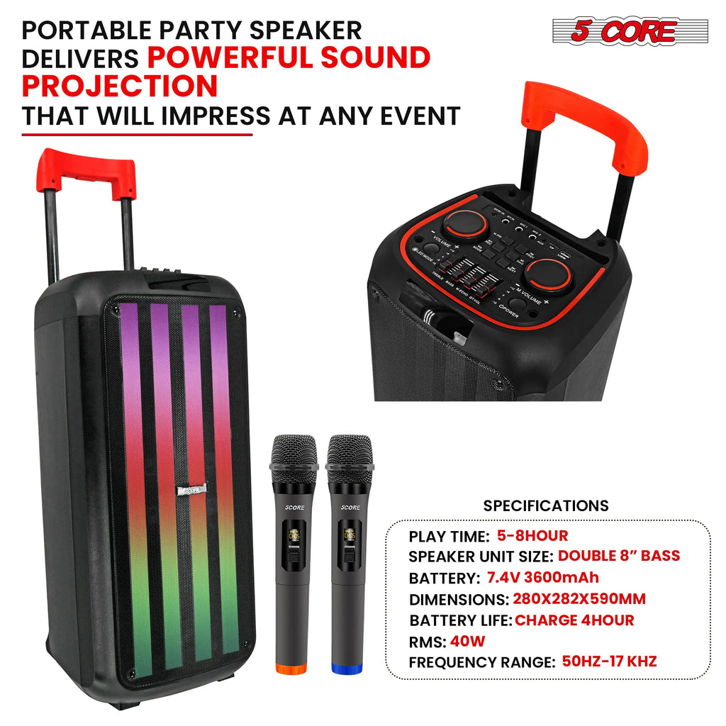 5Core Bluetooth Party Speaker 8 inch PA RGB Partybox Karaoke Machine + 2 Wireless Mic Pi-Mart