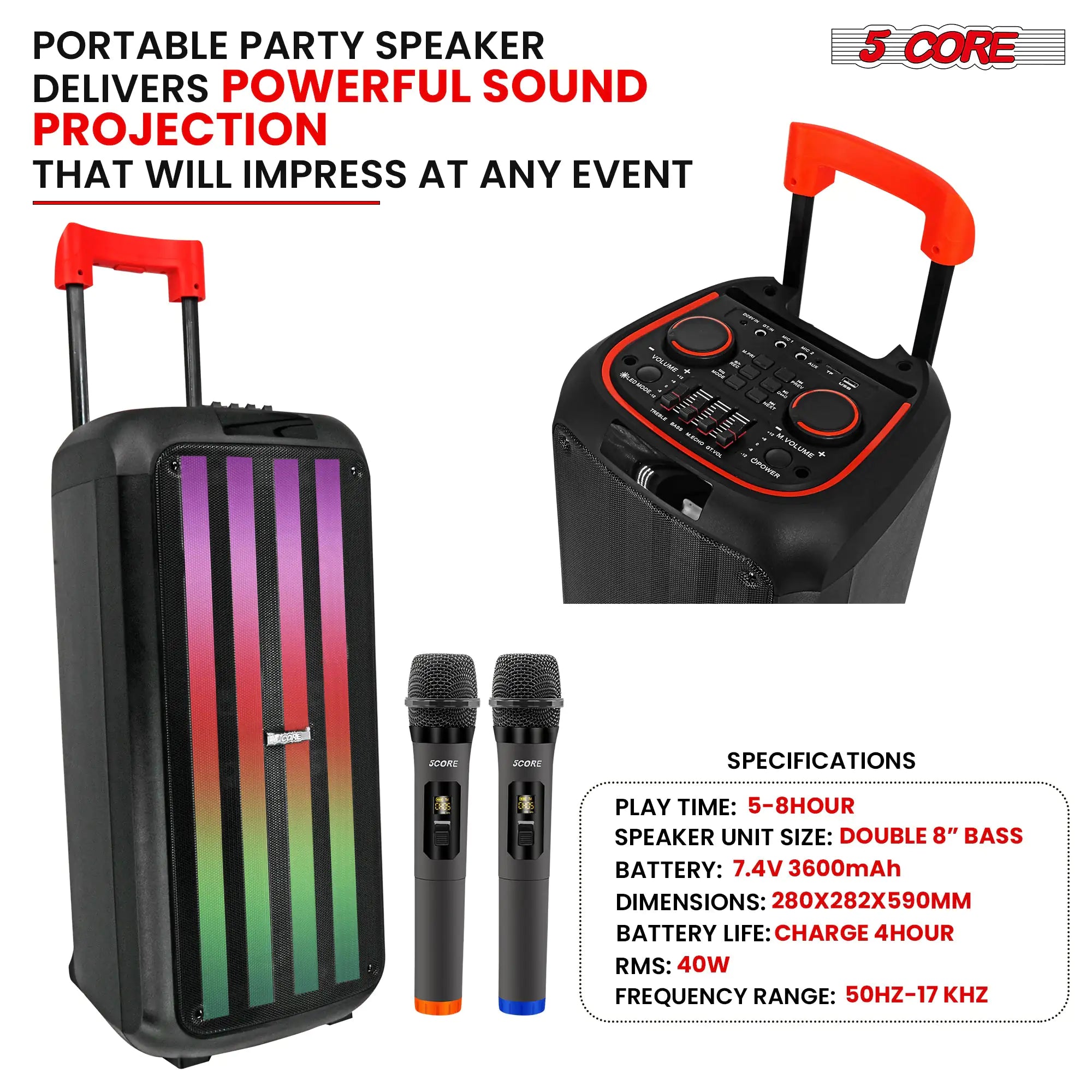 5Core Bluetooth Party Speaker 8 inch PA RGB Partybox Karaoke Machine + 2 Wireless Mic Pi-Mart