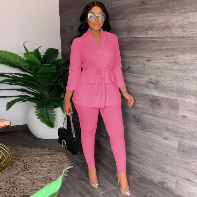 V-Neck Lace-up Shirt Tight Pants Set Pi-Mart