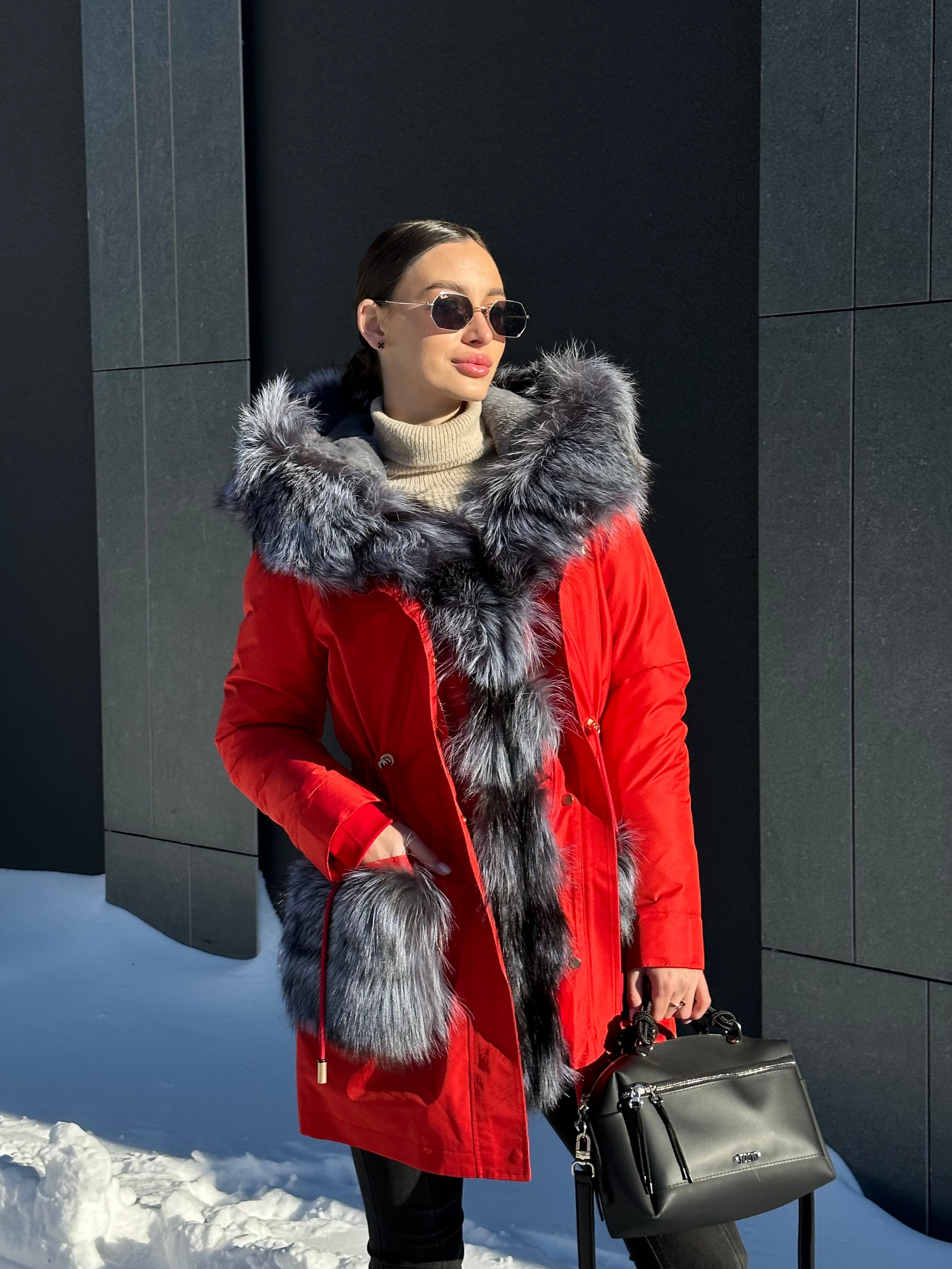Roma Genuine Silver Fox Fur Rabbit Fur Insulated Parka in Red Alaska® Outerwear Company