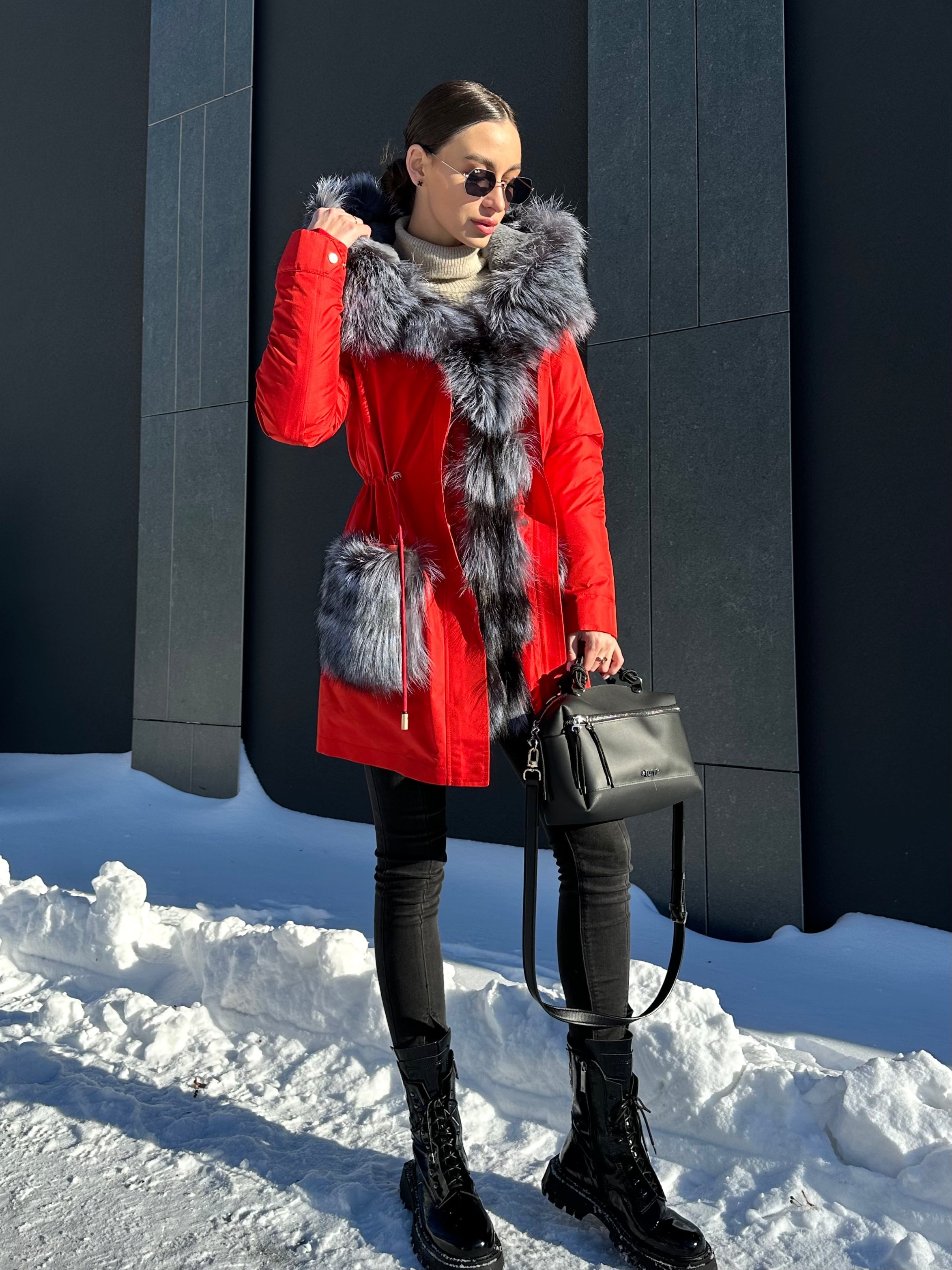 Roma Genuine Silver Fox Fur Rabbit Fur Insulated Parka in Red Alaska® Outerwear Company