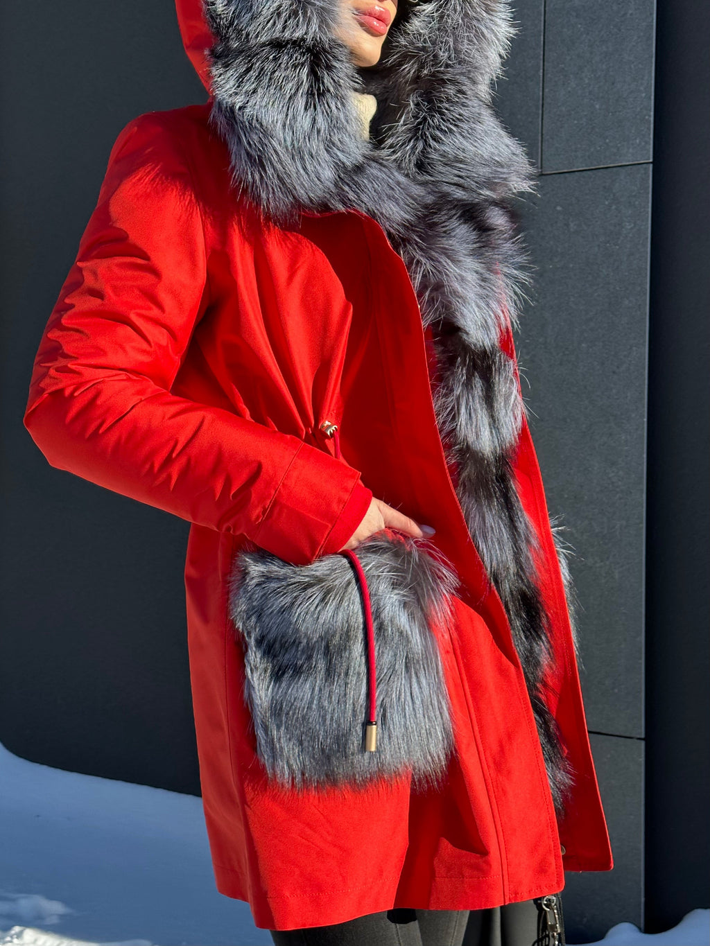 Roma Genuine Silver Fox Fur Rabbit Fur Insulated Parka in Red Alaska® Outerwear Company